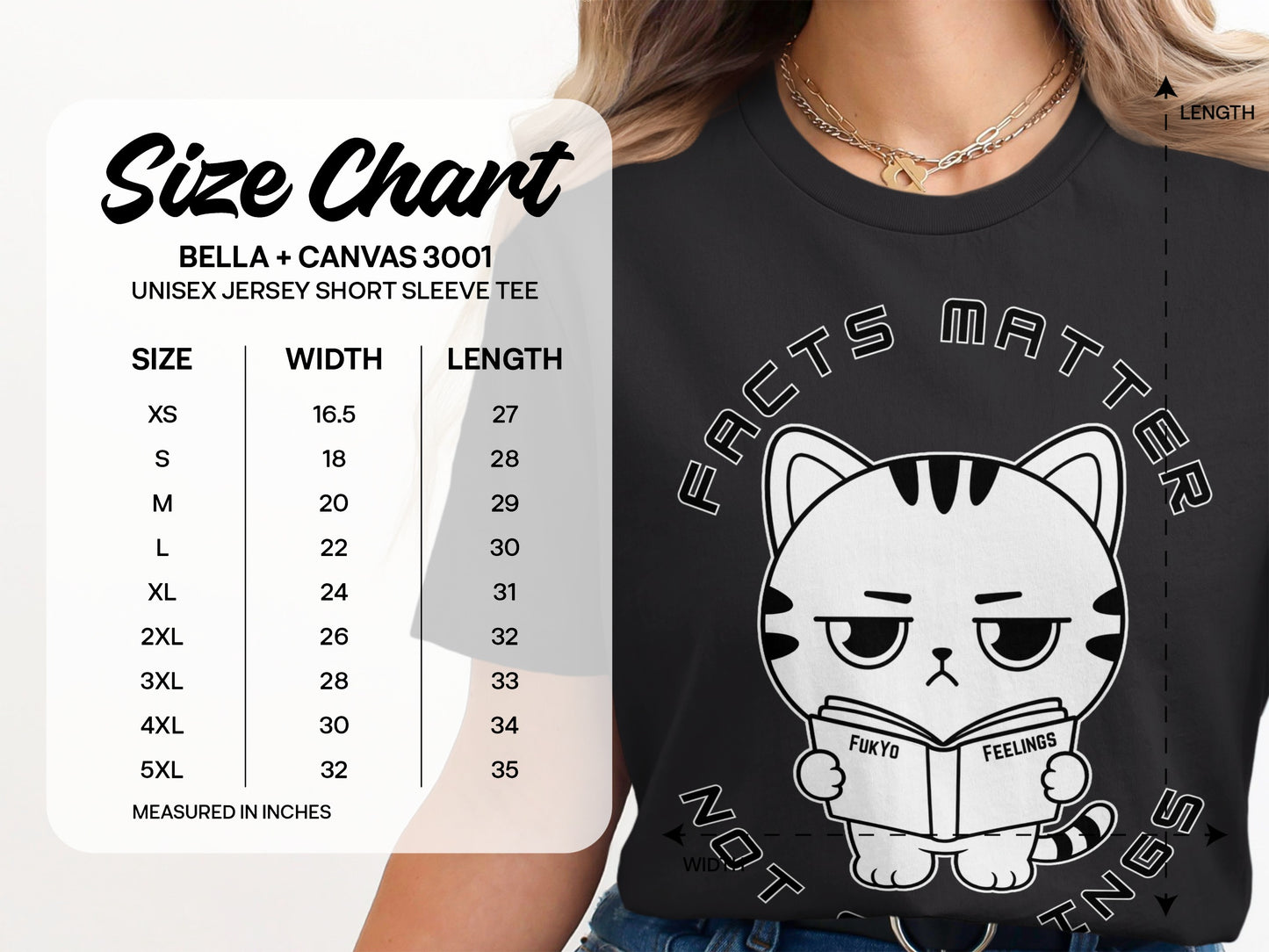 Bella + Canvas 3001 size chart with a "Facts Matter" graphic of a cat reading.