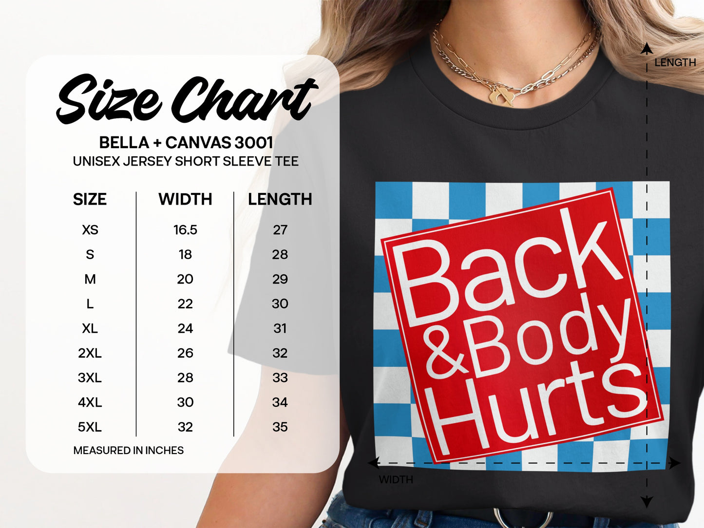 Bella + Canvas 3001 size chart for unisex jersey short sleeve tee with graphic.