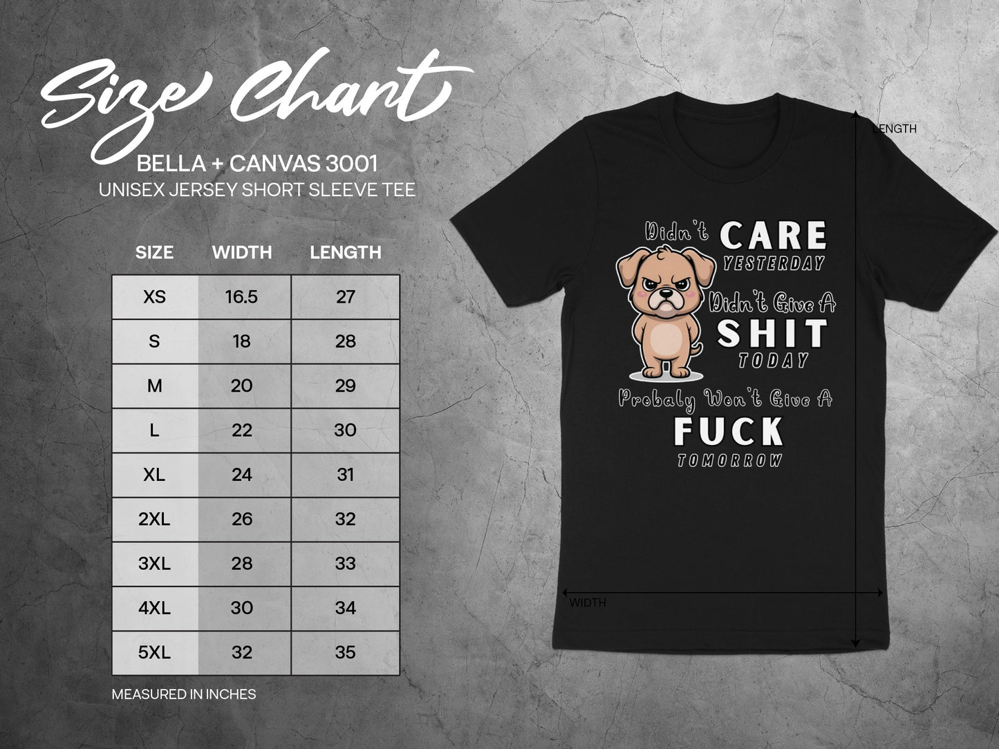 Size chart for Bella + Canvas 3001 unisex tee with dog graphic and text.