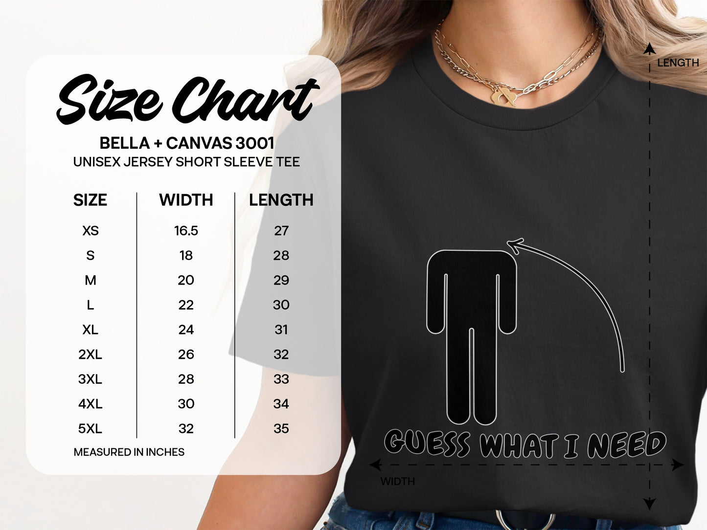 Bella + Canvas 3001 unisex tee size chart with width and length measurements.