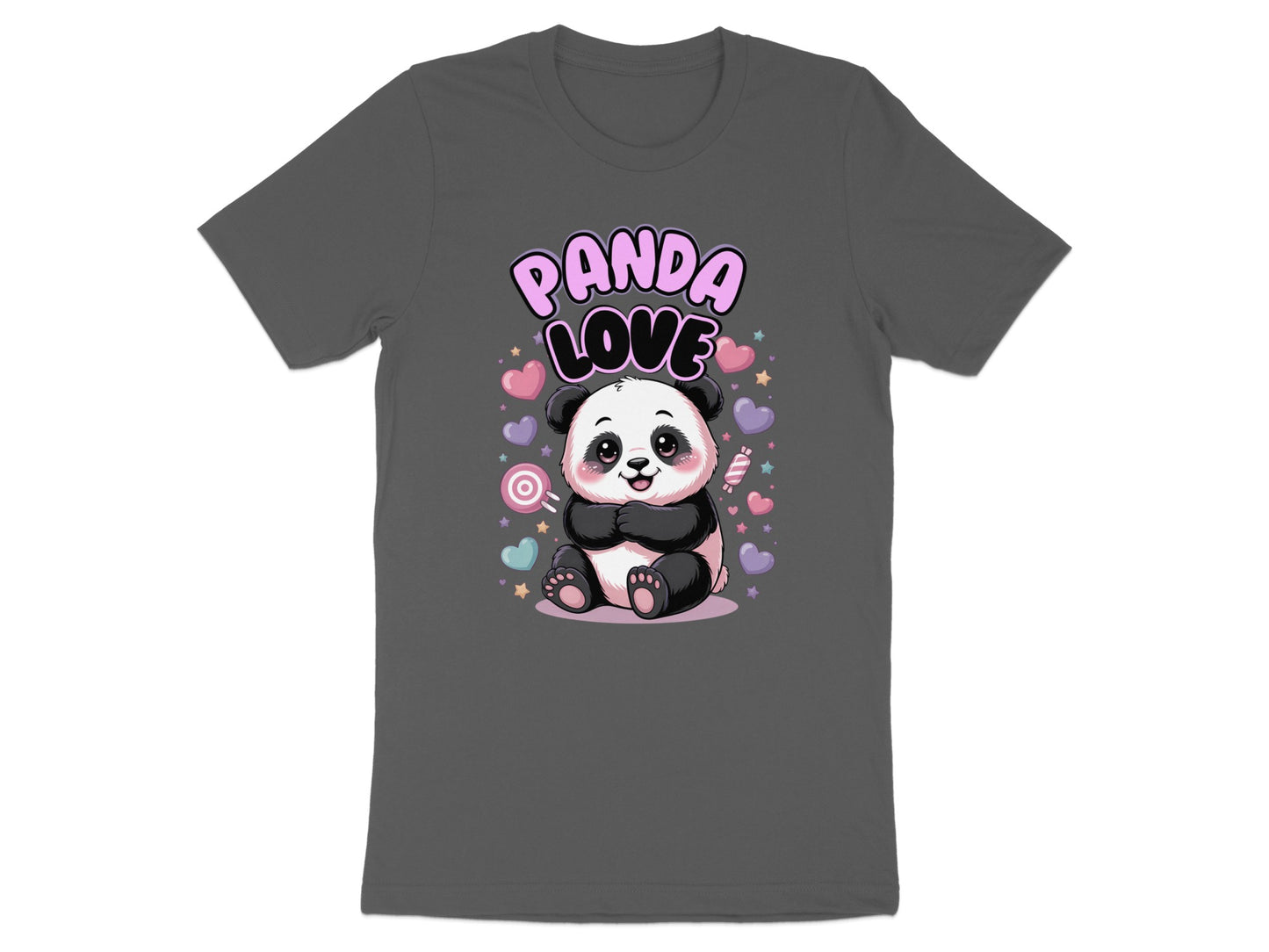 A cute cartoon panda sits surrounded by hearts and candy, with "PANDA LOVE" text above it.