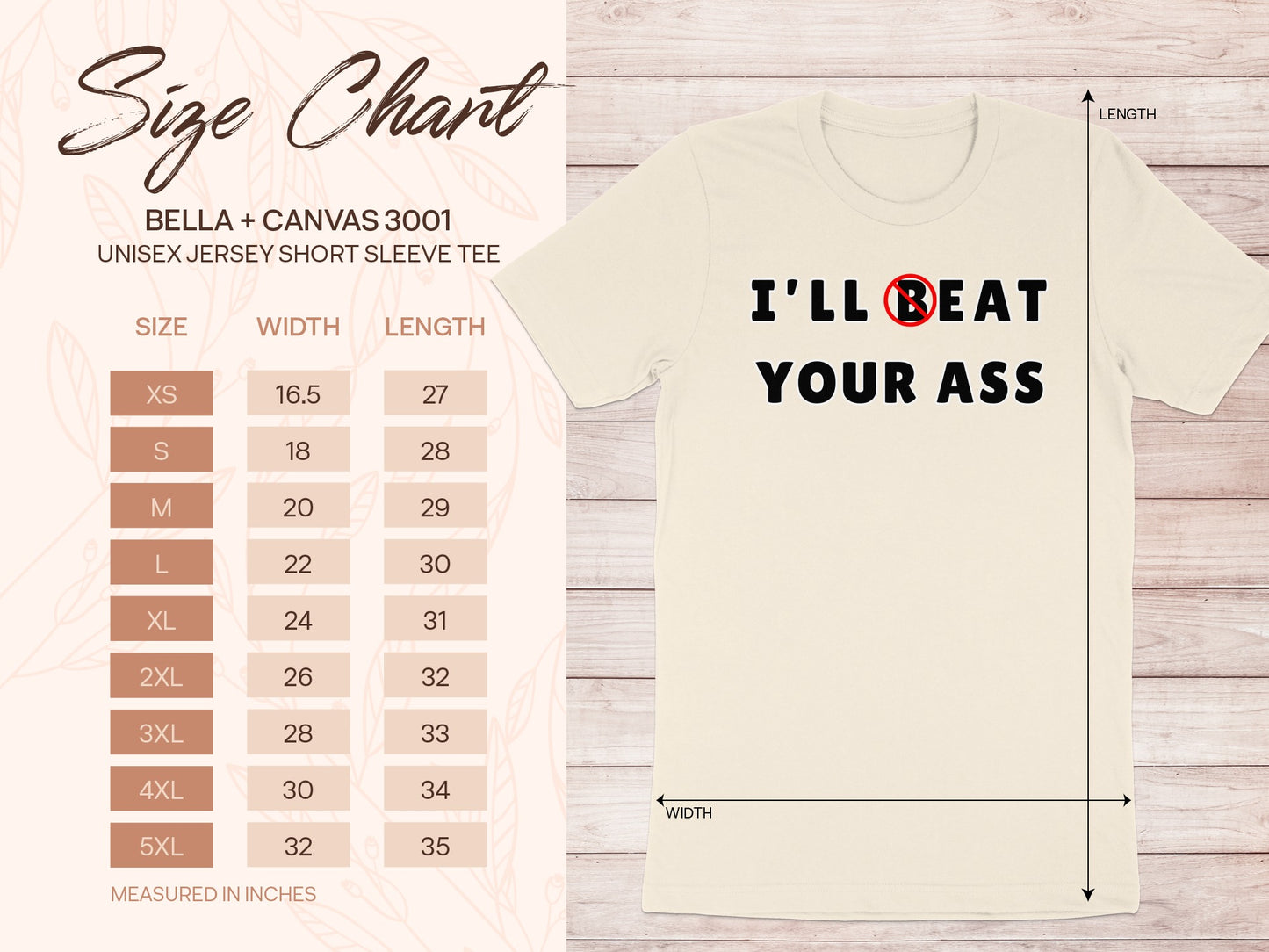Bella + Canvas 3001 size chart with measurements and a cream t-shirt.