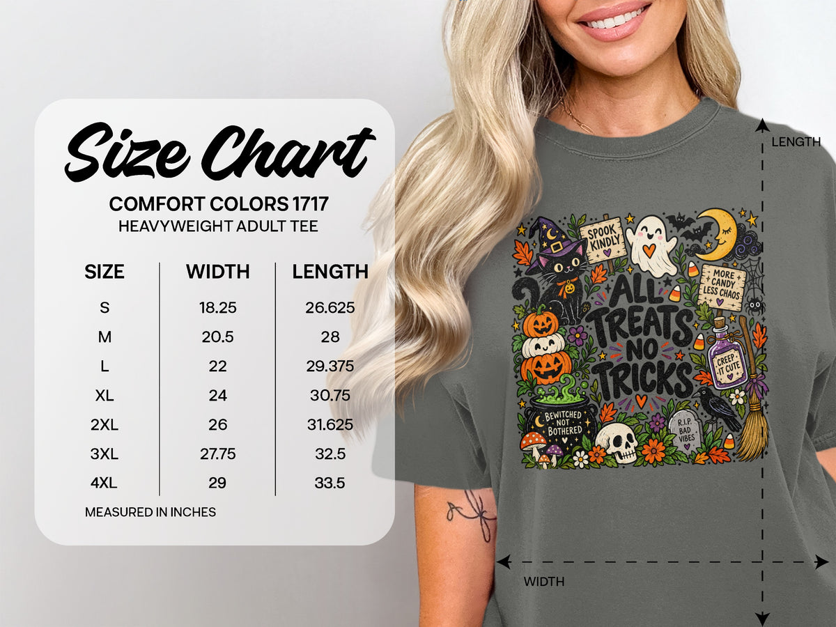 Comfort Colors 1717 size chart for heavyweight adult tee with Halloween graphic.