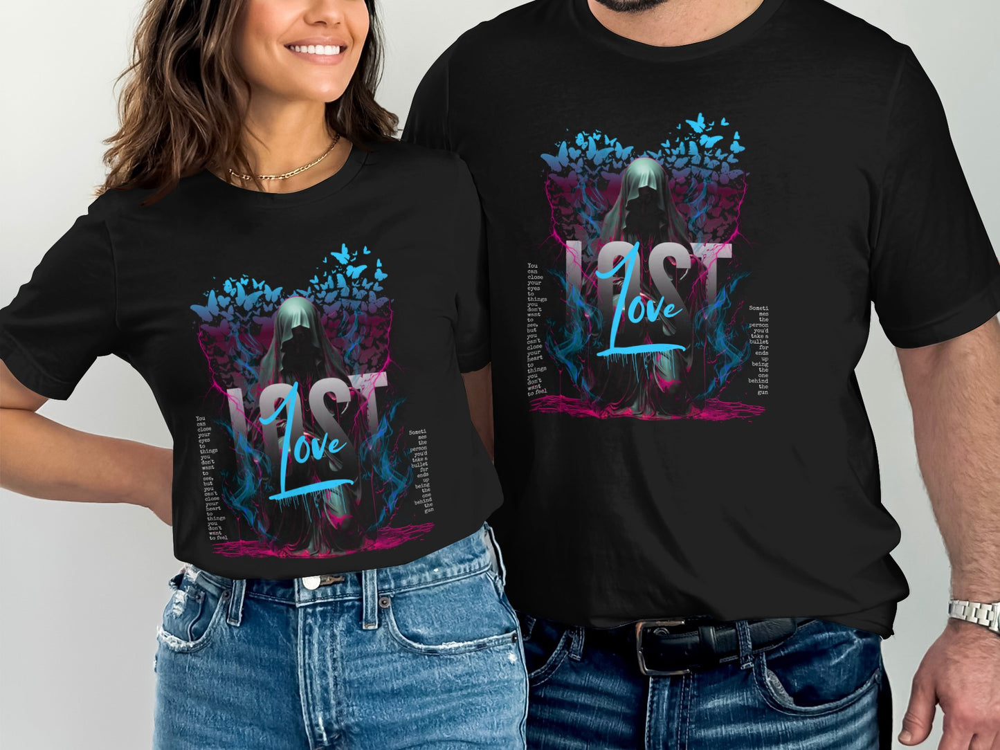 Black t-shirts feature a dark graphic with a cloaked figure surrounded by butterflies and "LOST Love" text.