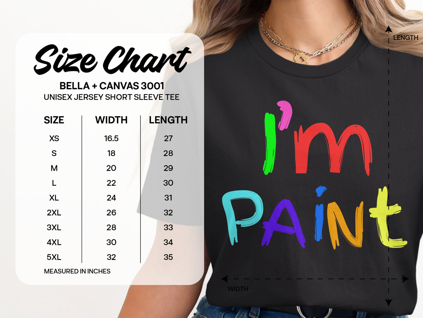 Size chart for Bella + Canvas 3001 unisex jersey short sleeve tee.