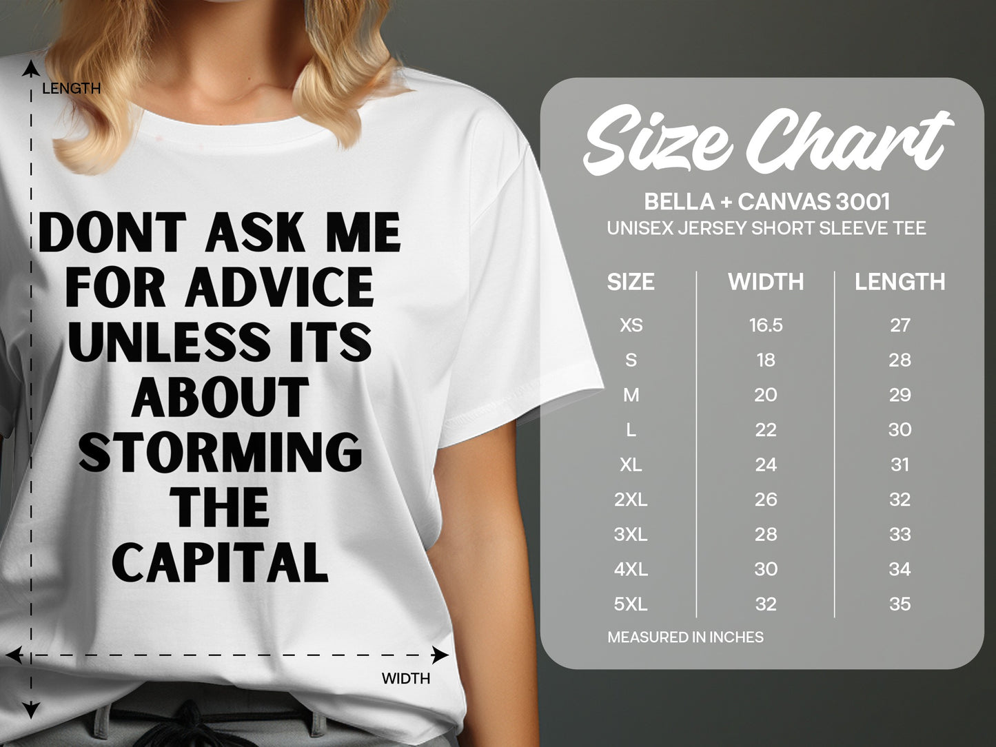 Bella + Canvas 3001 unisex jersey tee size chart with width and length measurements.