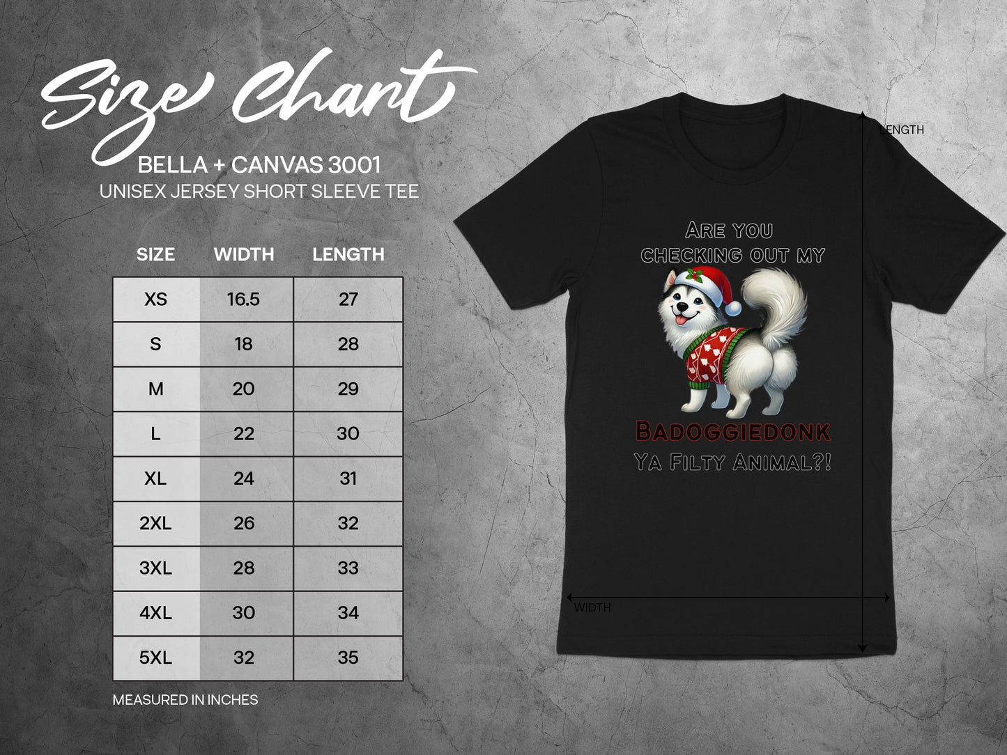 Size chart for Bella+Canvas 3001 unisex shirt featuring funny dog graphic and text.
