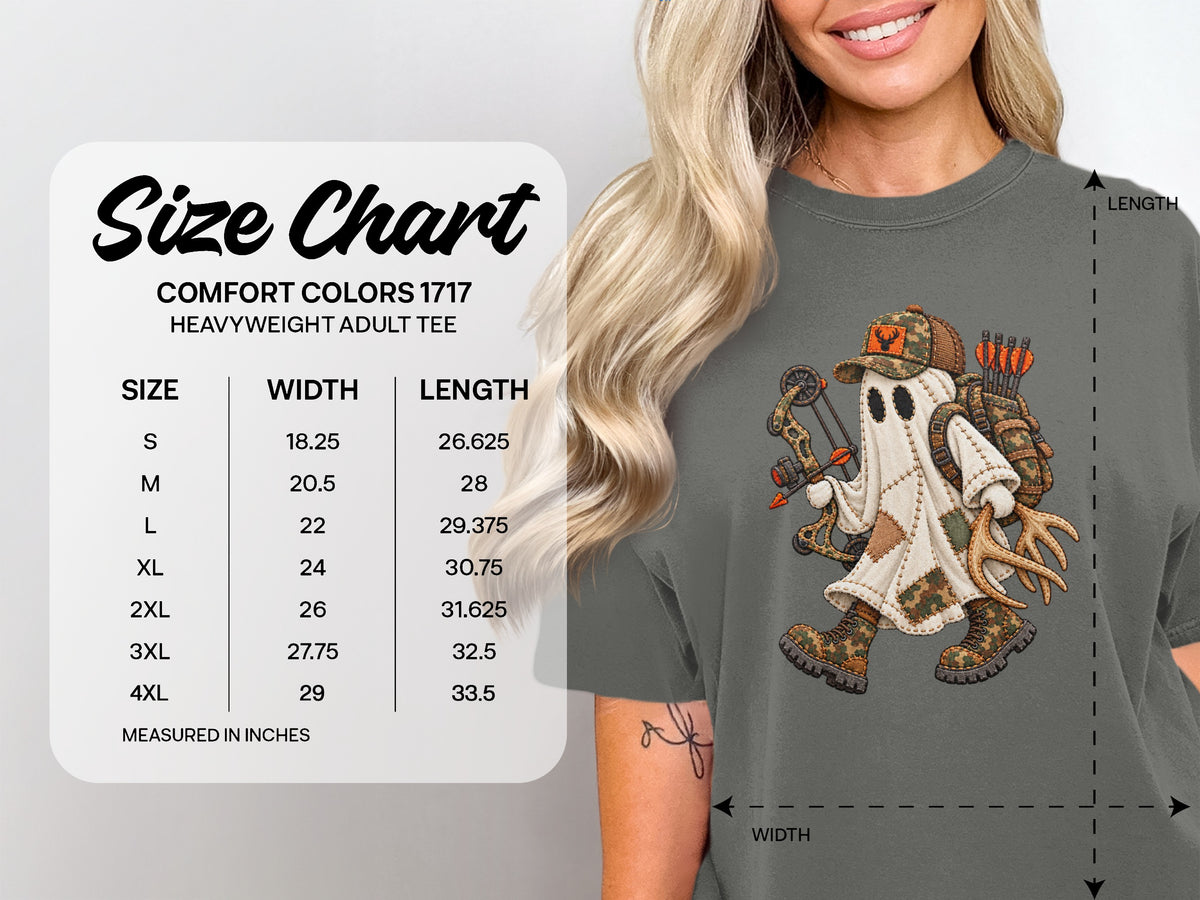A woman wearing a dark gray t-shirt with a ghost hunting graphic next to a size chart.