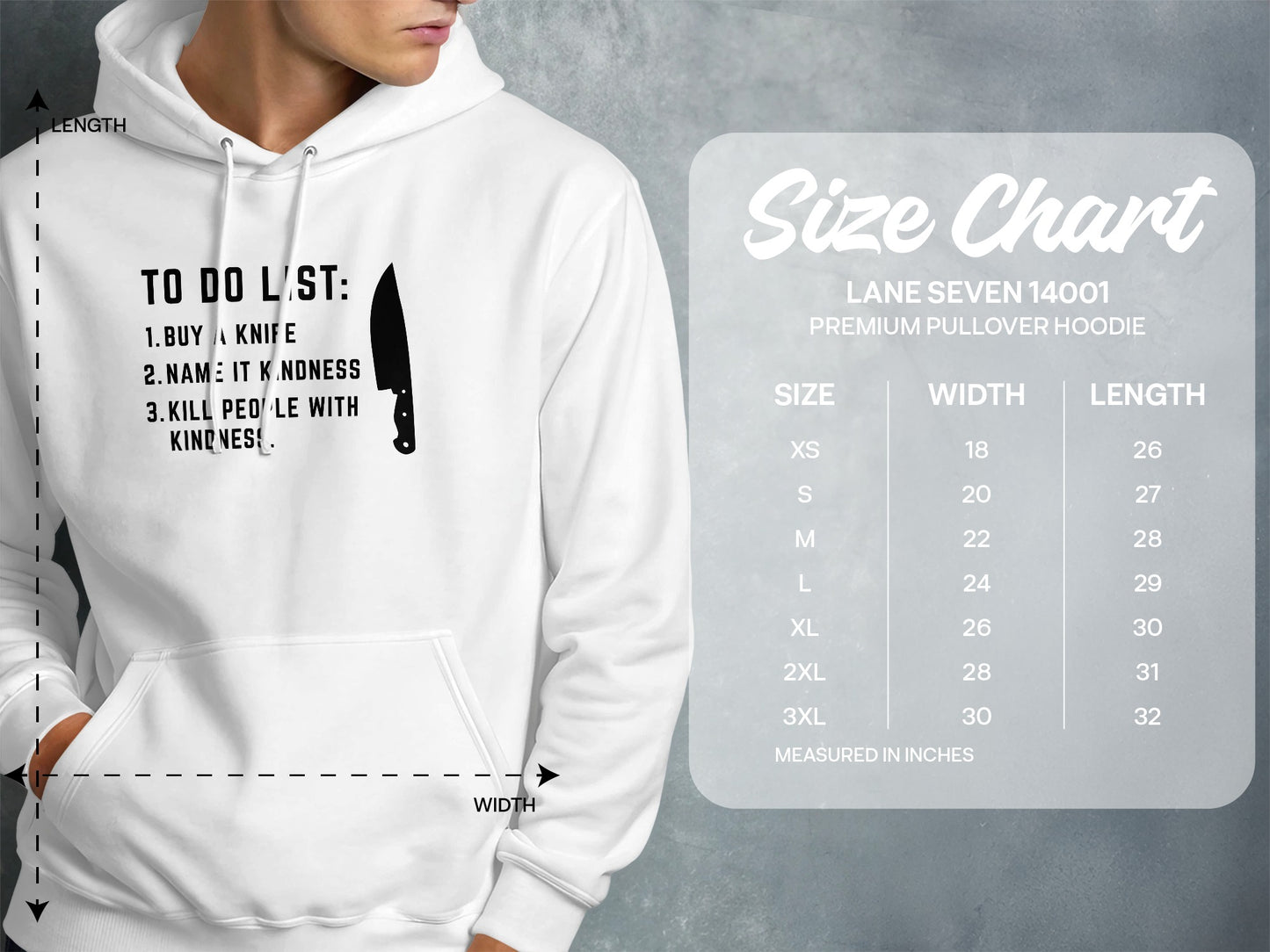 White hoodie with "To Do List" graphic and a size chart.