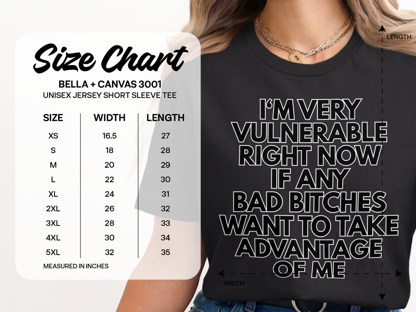 Bella + Canvas 3001 unisex jersey short sleeve tee size chart with width and length measurements.