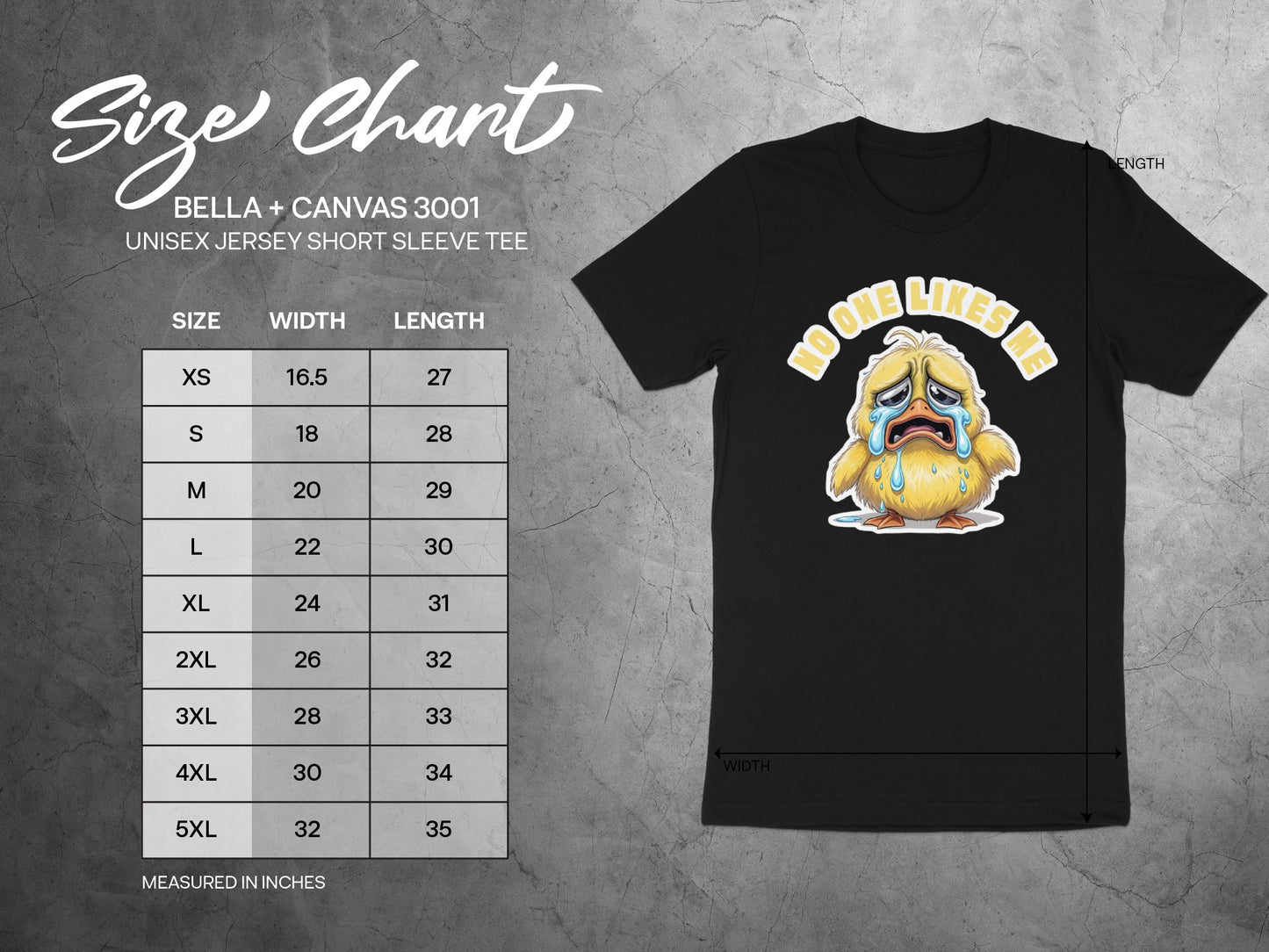 Size chart for Bella+Canvas 3001 unisex short sleeve tee with crying chick graphic.