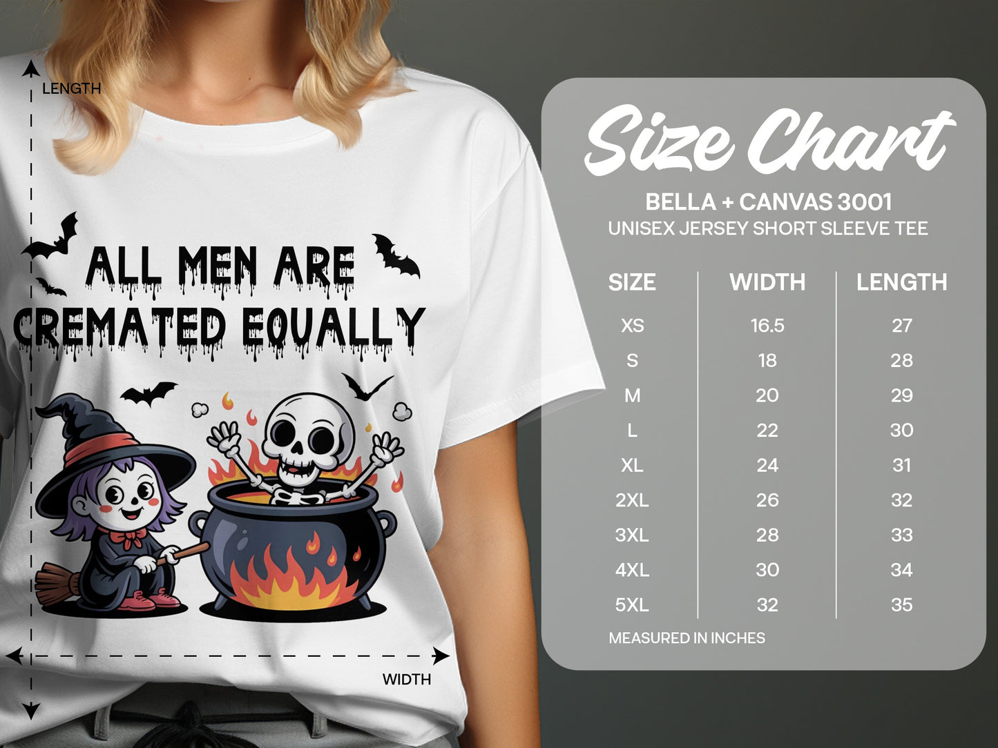 White t-shirt with black Halloween graphic and size chart.
