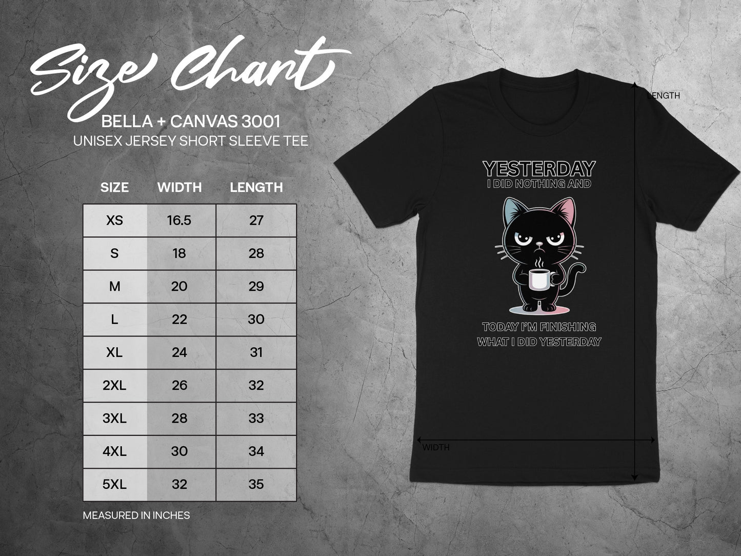 Black t-shirt with grumpy cat graphic and humorous text, with size chart.