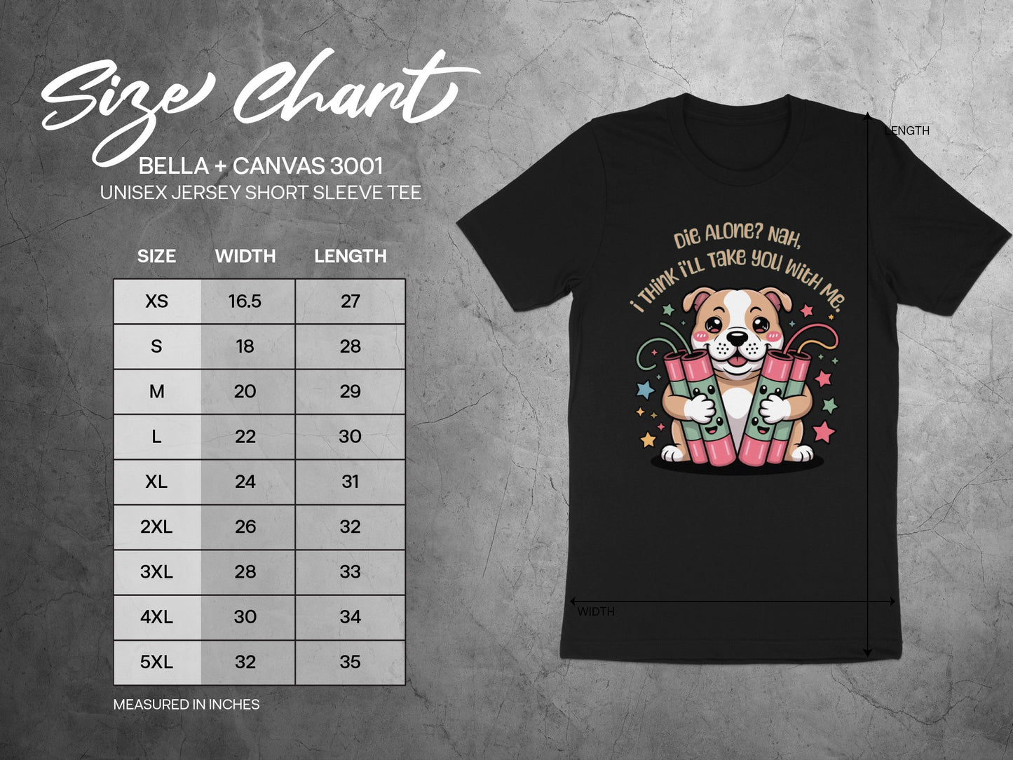 Size chart for Bella + Canvas 3001 unisex tee with dog holding dynamite graphic.