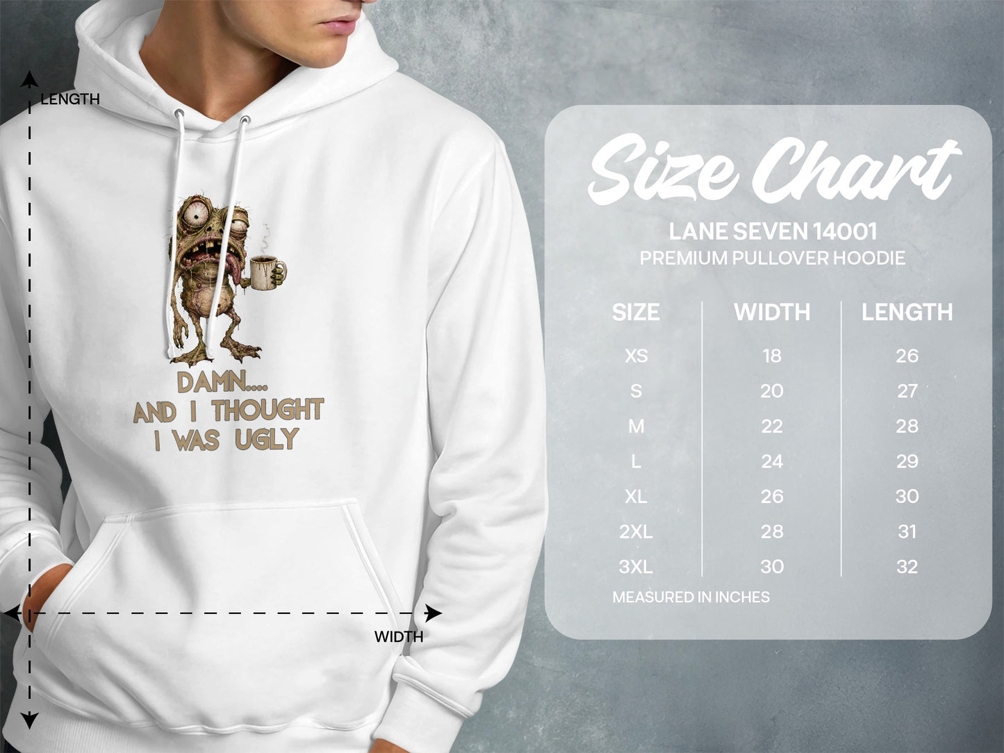 White hoodie with cartoon frog graphic and text, plus size chart.