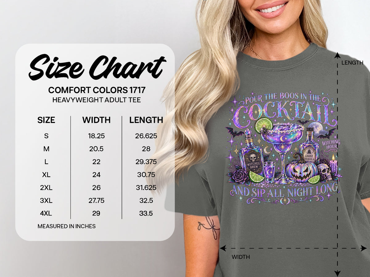 Comfort Colors 1717 size chart for heavyweight adult tees with Halloween cocktail graphic.