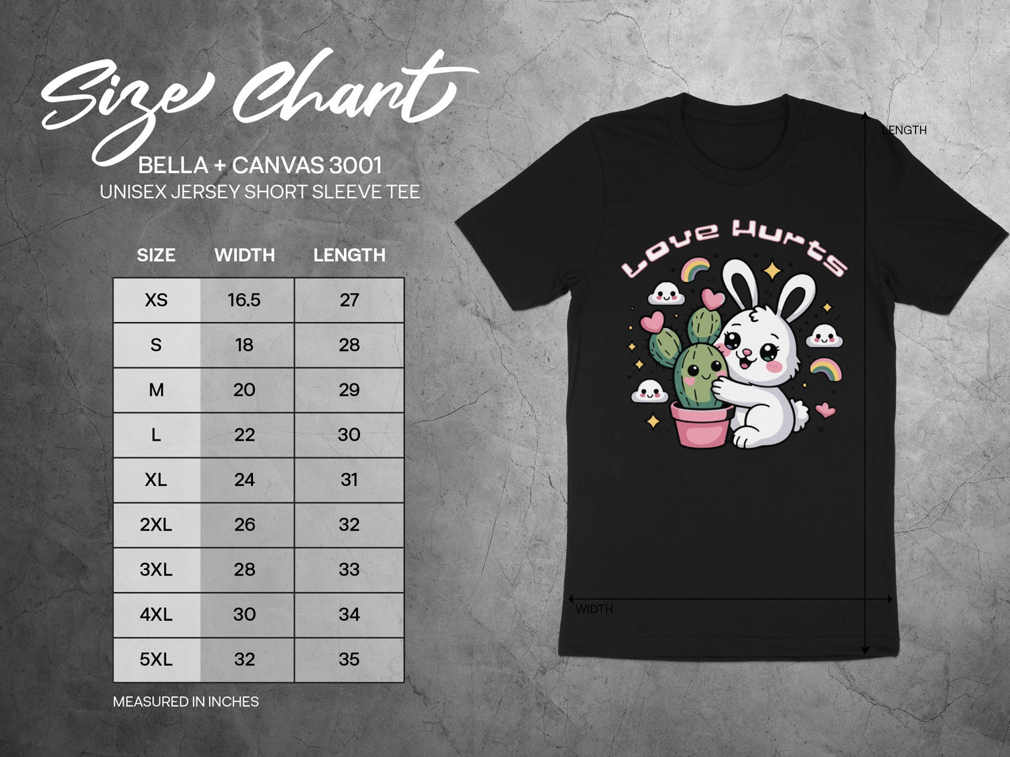 BELLA + CANVAS 3001 size chart with bunny and cactus graphic on black tee.