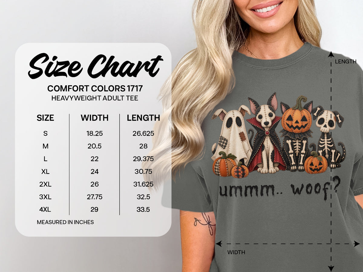 Comfort Colors 1717 size chart with Halloween-themed dogs and pumpkins graphic.