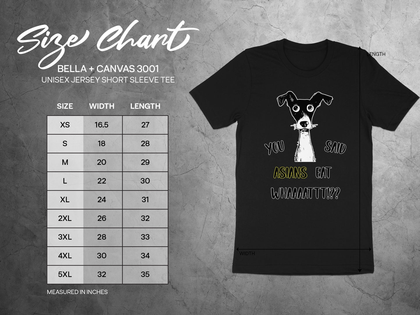 BELLA + CANVAS 3001 unisex t-shirt size chart with measurements in inches.