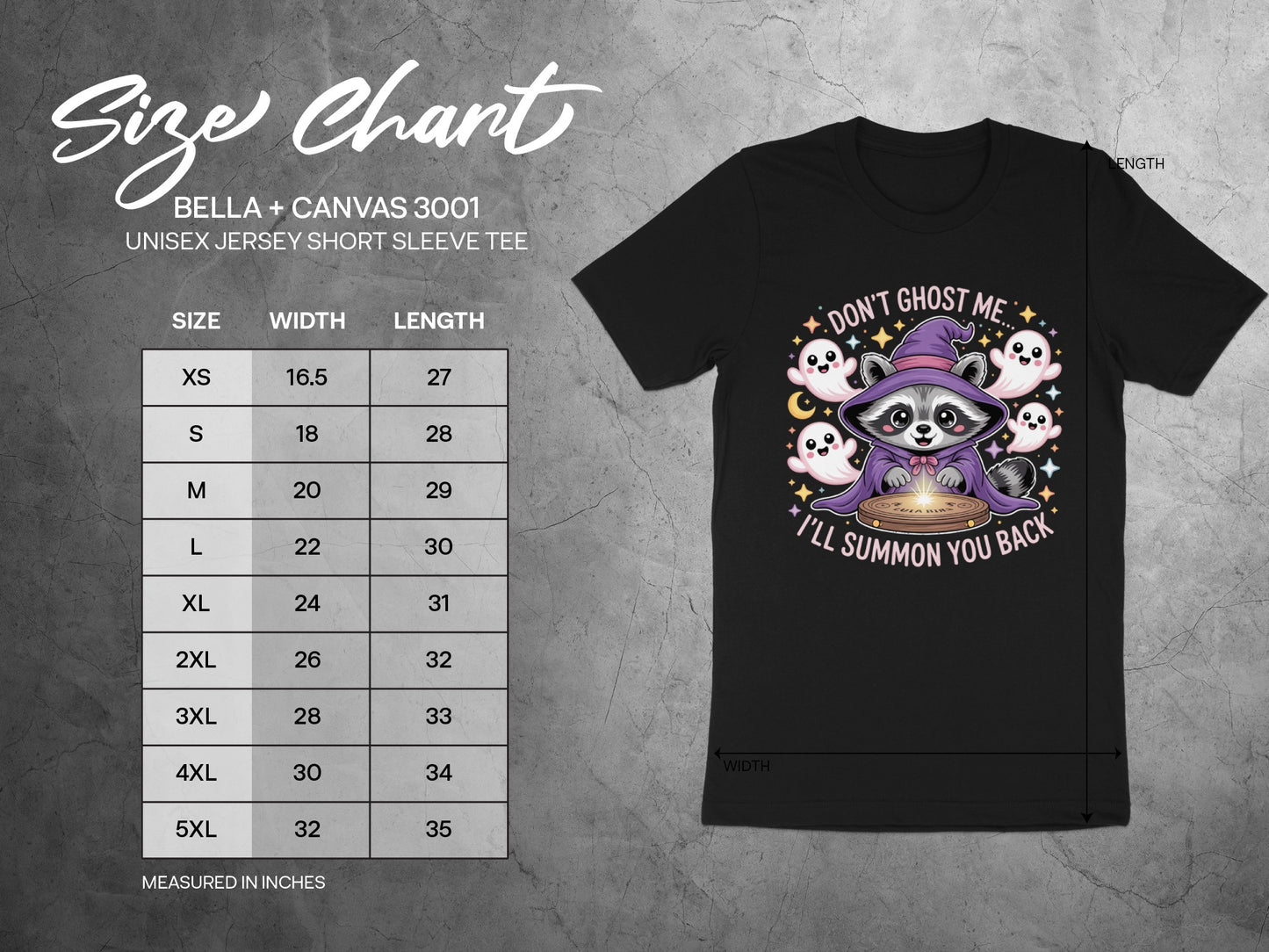 Size chart for BELLA + CANVAS 3001 unisex short sleeve tee with raccoon graphic.