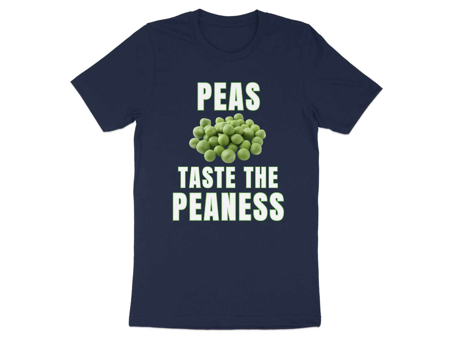 Navy t-shirt with "Peas Taste the Peanness" text and pile of peas graphic.