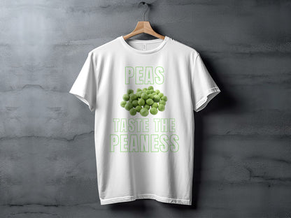 White t-shirt with "PEAS TASTE THE PEANESS" text and a pile of peas.