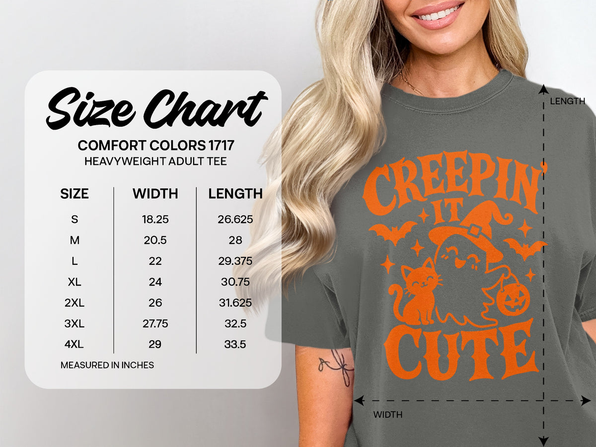 Comfort Colors 1717 heavyweight adult tee size chart with width and length measurements in inches.