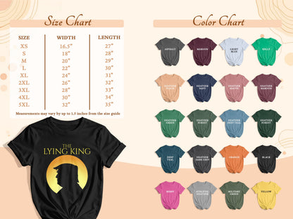 Size chart and color options for t-shirts, featuring a black shirt with "The Lying King" graphic.