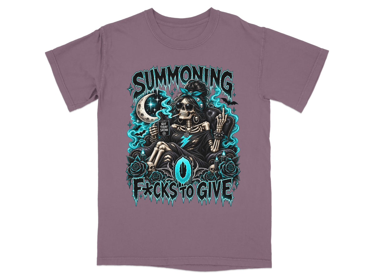 Skeleton with cigarette and coffee mug, "Summoning" and "F*cks to Give" text.