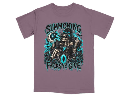 Skeleton with cigarette and coffee mug, "Summoning" and "F*cks to Give" text.