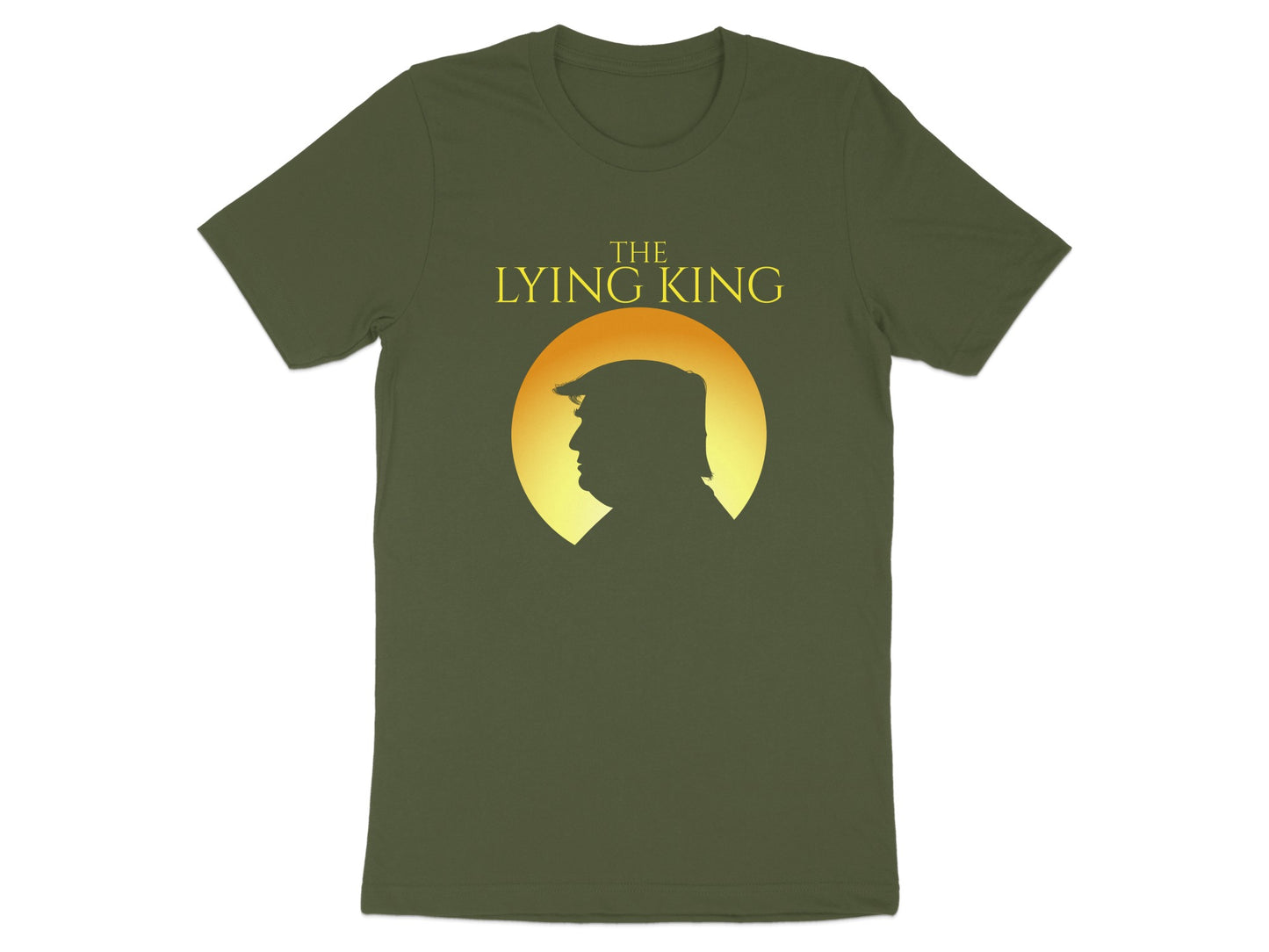 Green t-shirt with yellow text "THE LYING KING" and silhouette of a man's head.