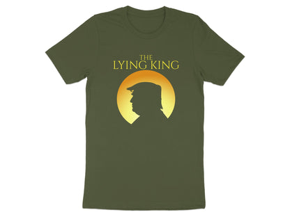 Green t-shirt with yellow text "THE LYING KING" and silhouette of a man's head.