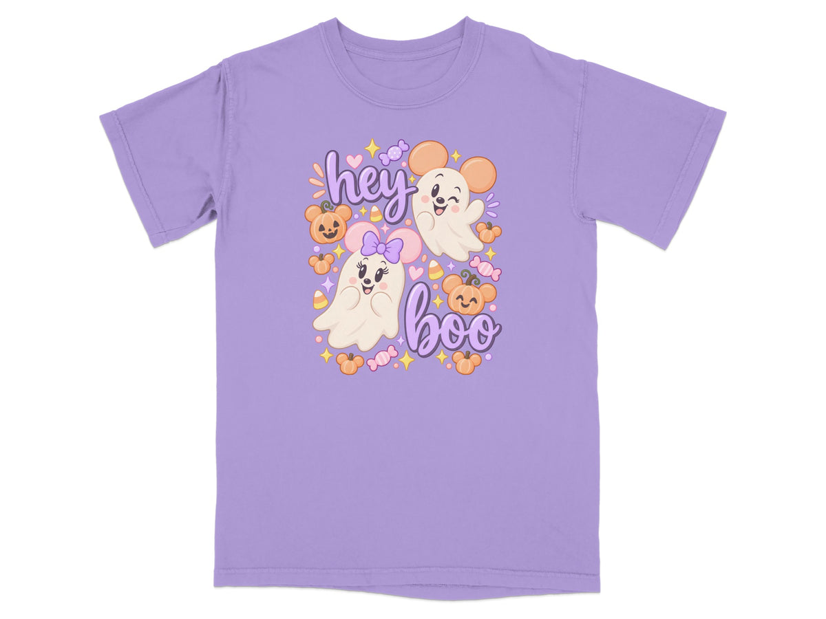 Lavender t-shirt with cute ghosts, pumpkins, candy corn, and "hey boo" text.