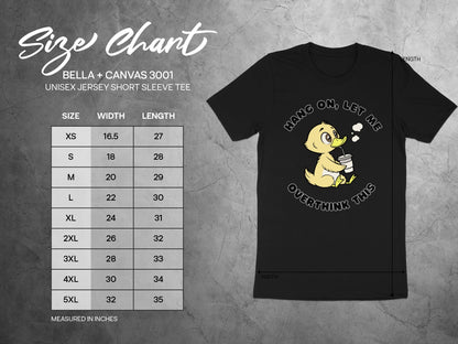 Bella + Canvas 3001 size chart for unisex jersey short sleeve tee.