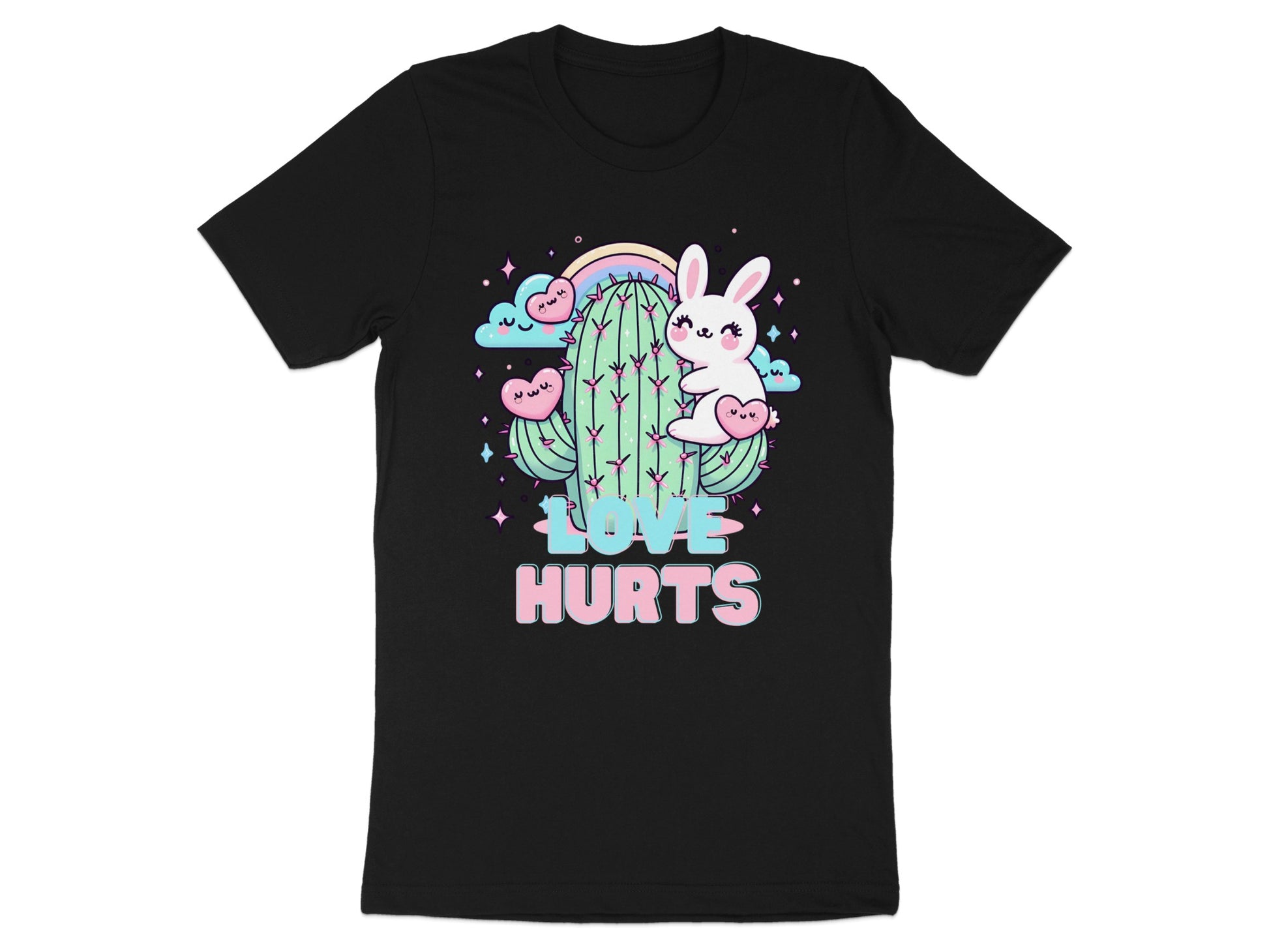 Cute bunny on a cactus with hearts, clouds, rainbow, and "Love Hurts" text.