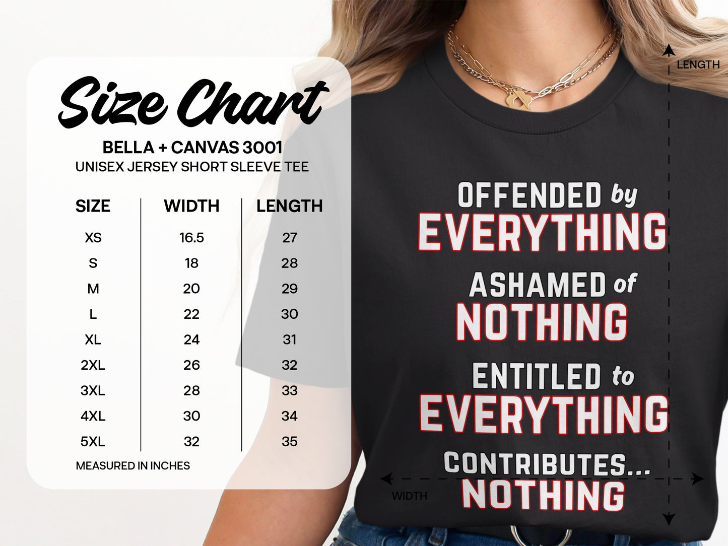 Size chart for Bella + Canvas 3001 unisex short sleeve tee with graphic.