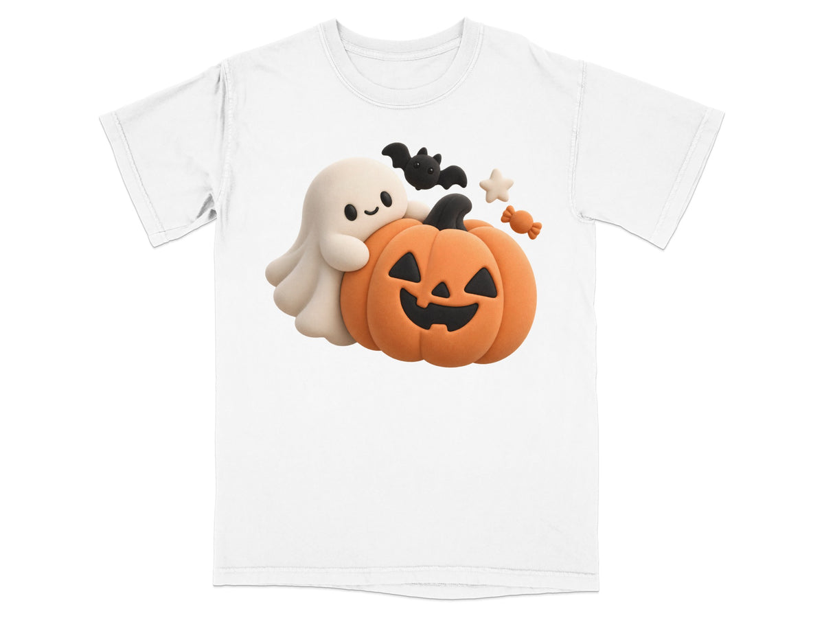 White t-shirt with a cute ghost hugging a jack-o'-lantern, a bat, and candy.