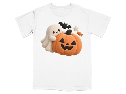 White t-shirt with a cute ghost hugging a jack-o'-lantern, a bat, and candy.