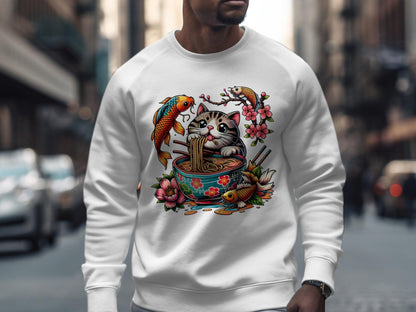 Cute Cat Eating Ramen T Shirt, Koi Fish Shirt, Anime Manga Style Tee, Asian Food Lover Gift, Funny Kitten Noodle Graphic Shirt, Kawaii Style