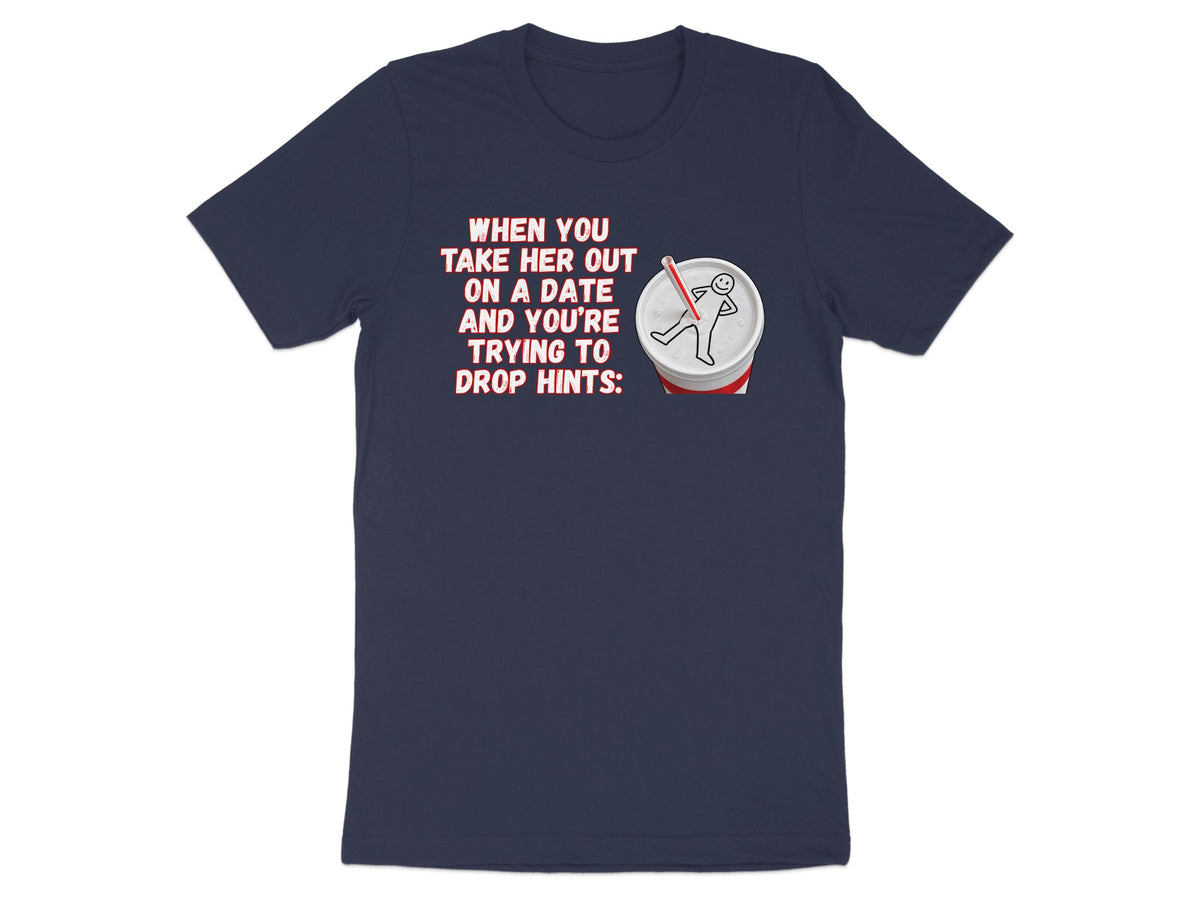 Navy t-shirt with text and a drawing of a person in a drink.
