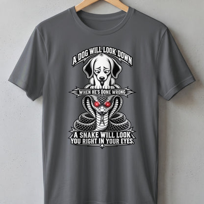 Gray t-shirt with a graphic of a dog above a snake and text.