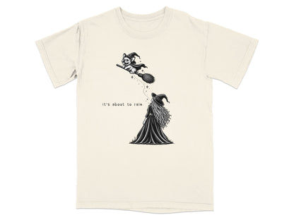 French bulldog witch flies broomstick over witch, text "It's about to rain."