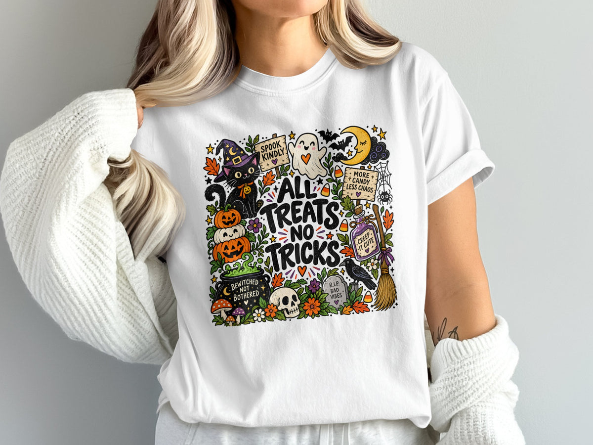 Halloween-themed graphic on a white t-shirt with black cat, ghost, pumpkins, and text.