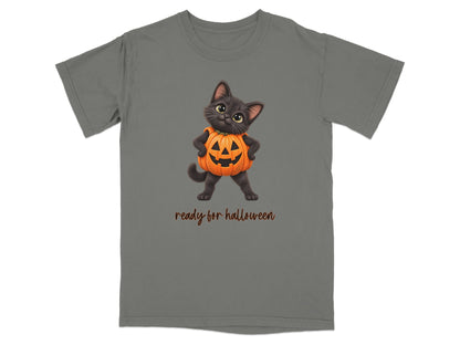Black cat in a pumpkin costume with "ready for halloween" text.