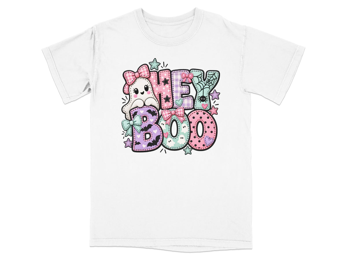 White t-shirt with pastel "Hey Boo" Halloween graphic featuring a ghost and bats.