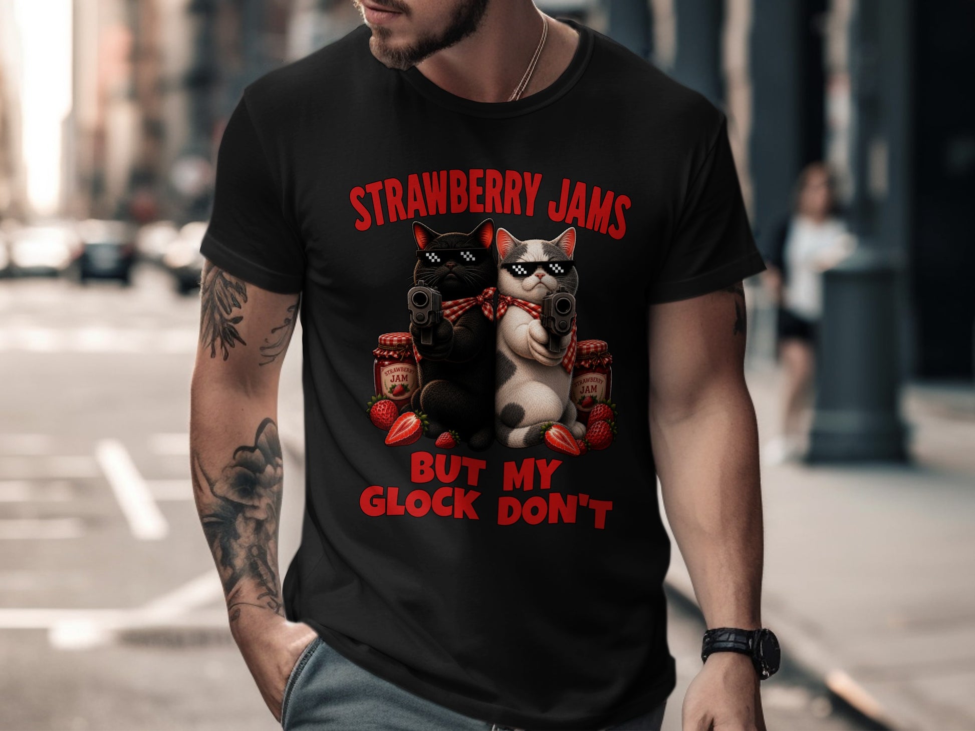 Black t-shirt with "Strawberry Jams But My Glock Don't" text and cats with guns.