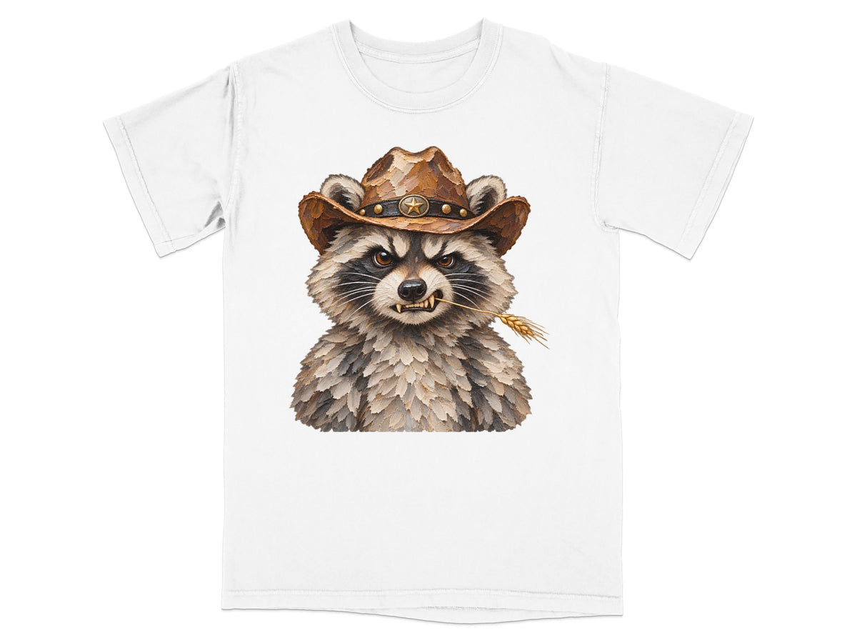 T-shirt featuring a watercolor illustration of a raccoon wearing a cowboy hat and chewing on wheat.