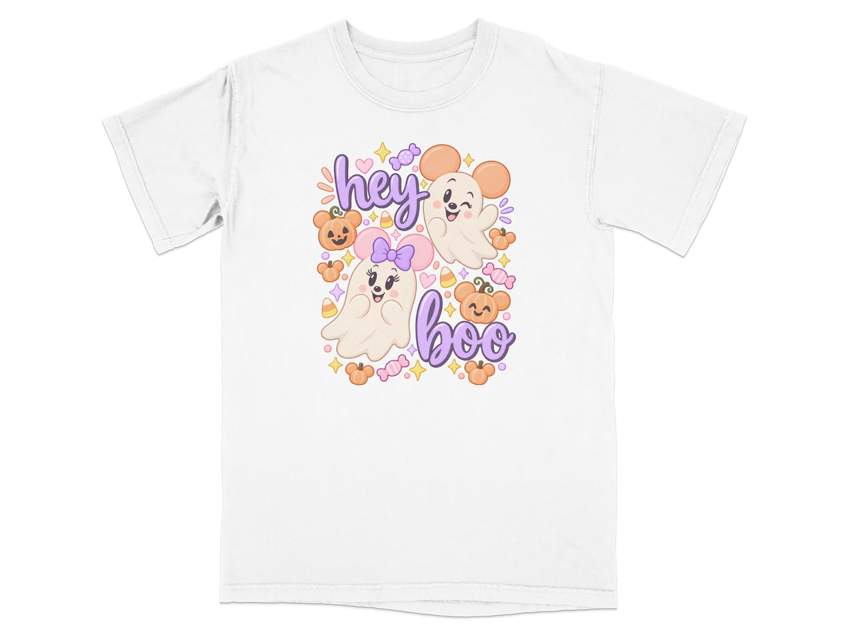 White t-shirt with "hey boo" text and two cute ghosts, pumpkins, and candy.
