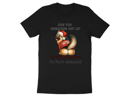 German Shepherd in a Christmas sweater and hat, with text.