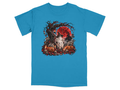 Halloween graphic with ghost on swing, raccoons, pumpkins, and castle under red moon.
